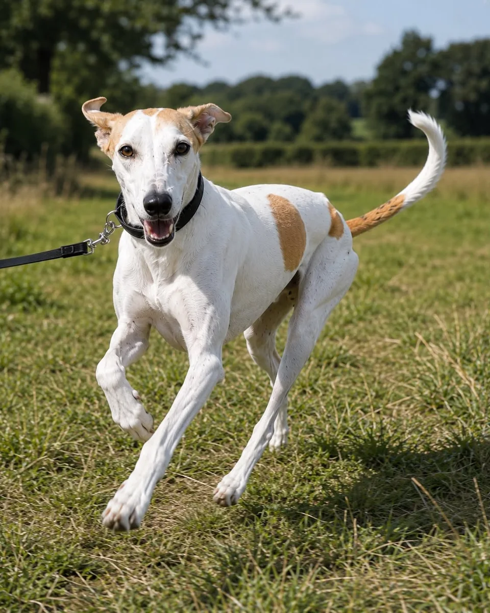 Dexter, a young white and tan Saluki in rescue care
