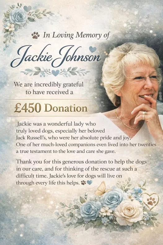 Memorial notice thanking Jackie Johnson’s family for a £450 donation to Congleton Dog Rescue