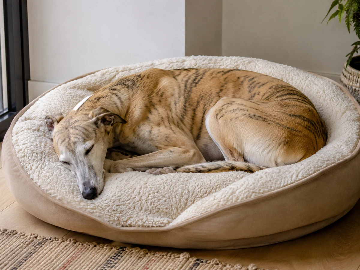 Sid sleeping safely in a large cream dog bed.