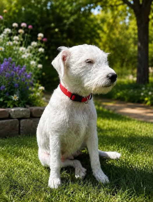 Bella sitting in a garden after finding her forever family