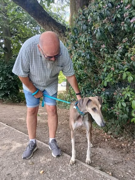 Flynn, now Stanley, out walking with a member of his new family